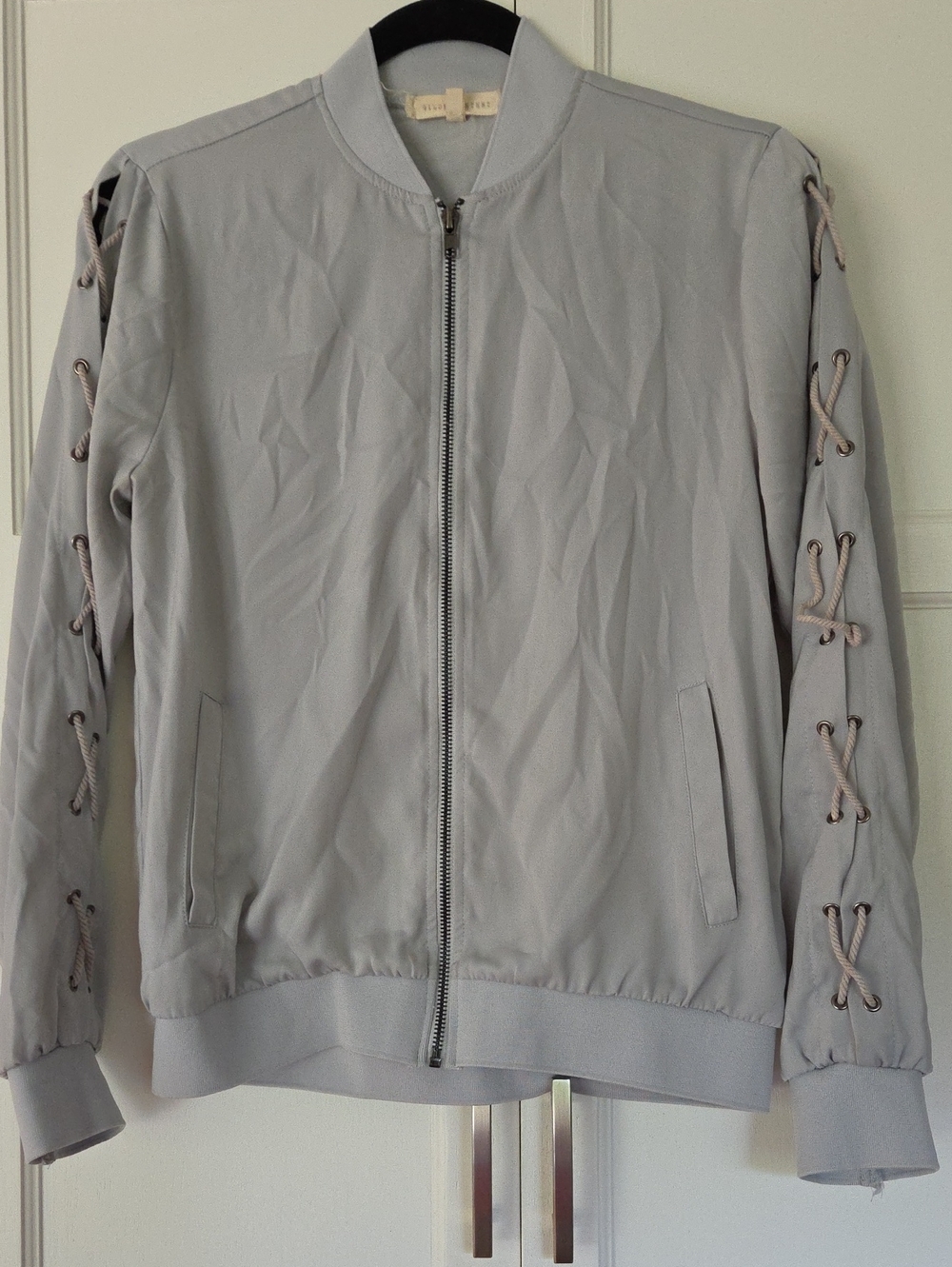 Gilded Intent Light Gray Lace-Up Sleeve Bomber Jacket